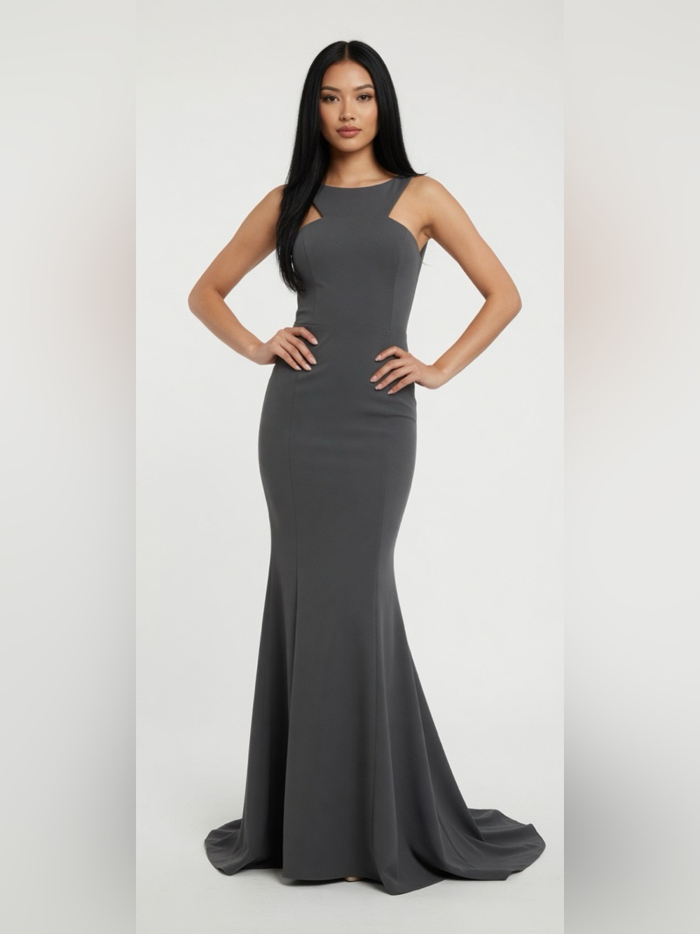 Jovani Ruffle Back Jersey Knit Mermaid dress Gown prom Wedding maxi Grey size XS
